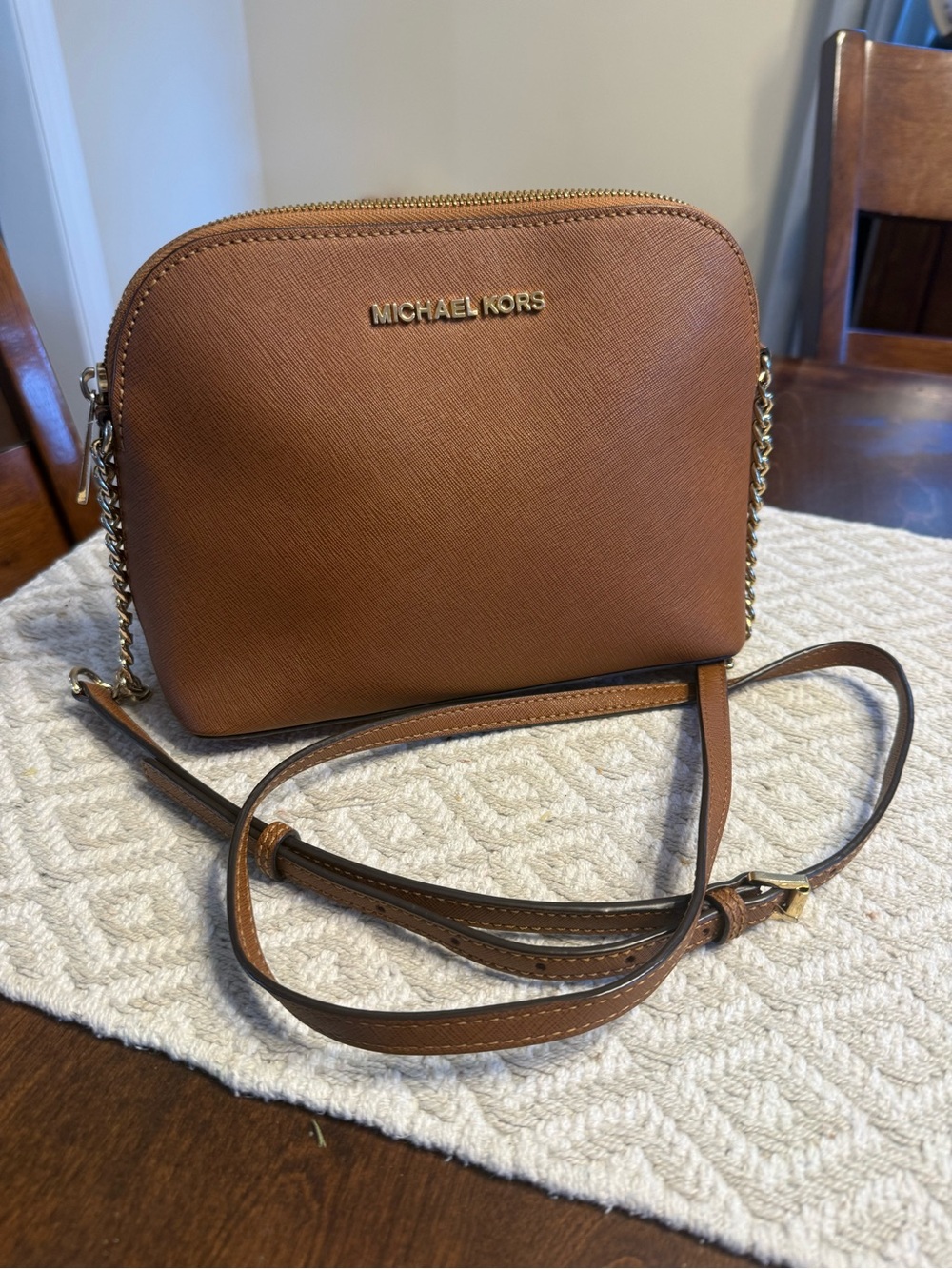 Michael Kors Brown Saffiano Leather Crossbody with Gold-Tone Chain
